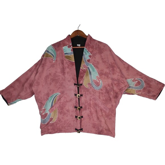 Batik Indonesian Artsy Jacket Art to Wear  Boho 100% Rayon Pink Umbrellas Coin S - Picture 1 of 9